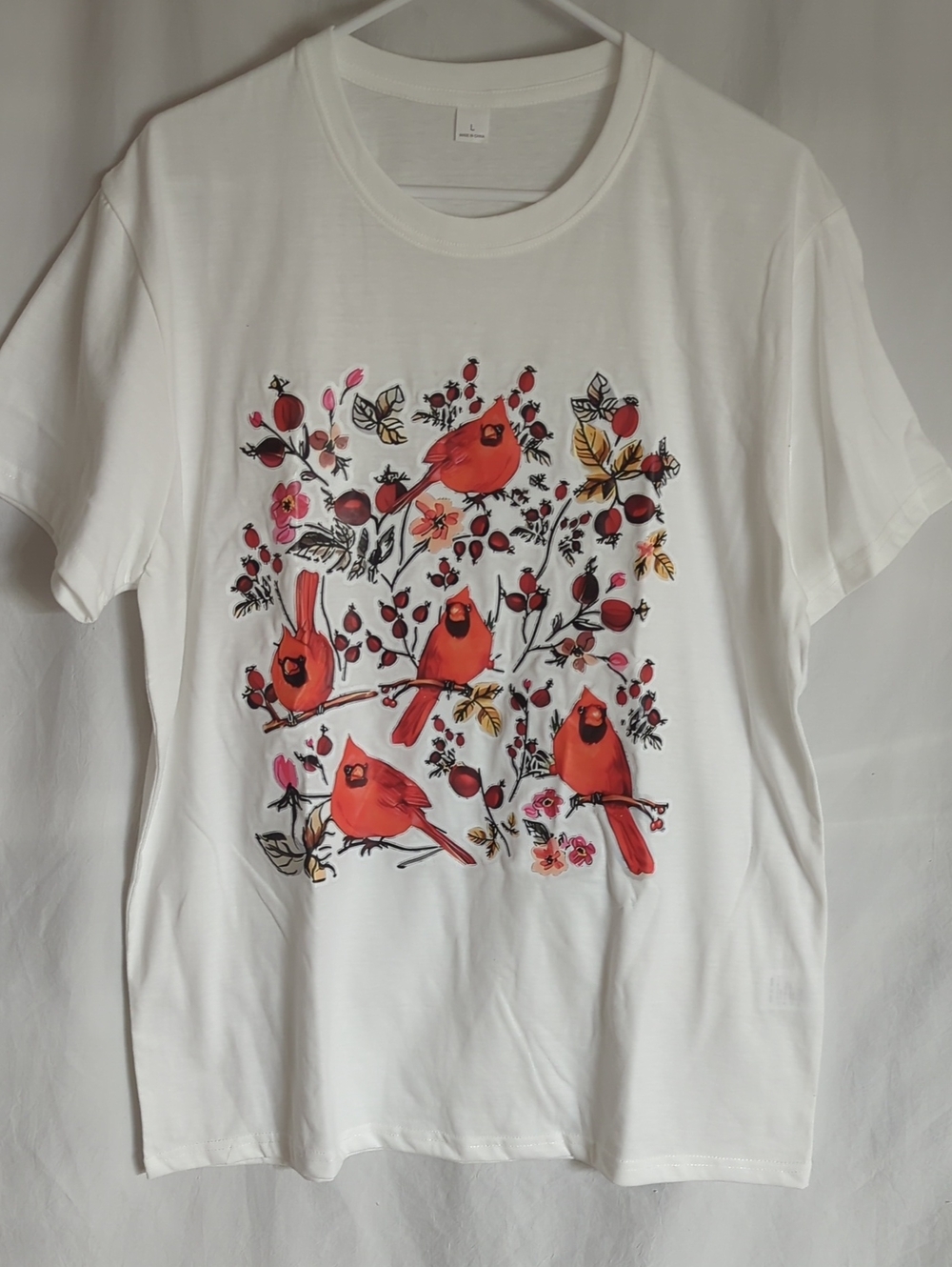 White T-Shirt with Red Cardinal Bird Print